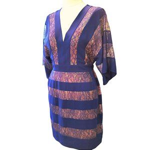 BCBG Blue Tan Lace Dress V-Neck Elegant Striped Cutout Womans Size Small VR613